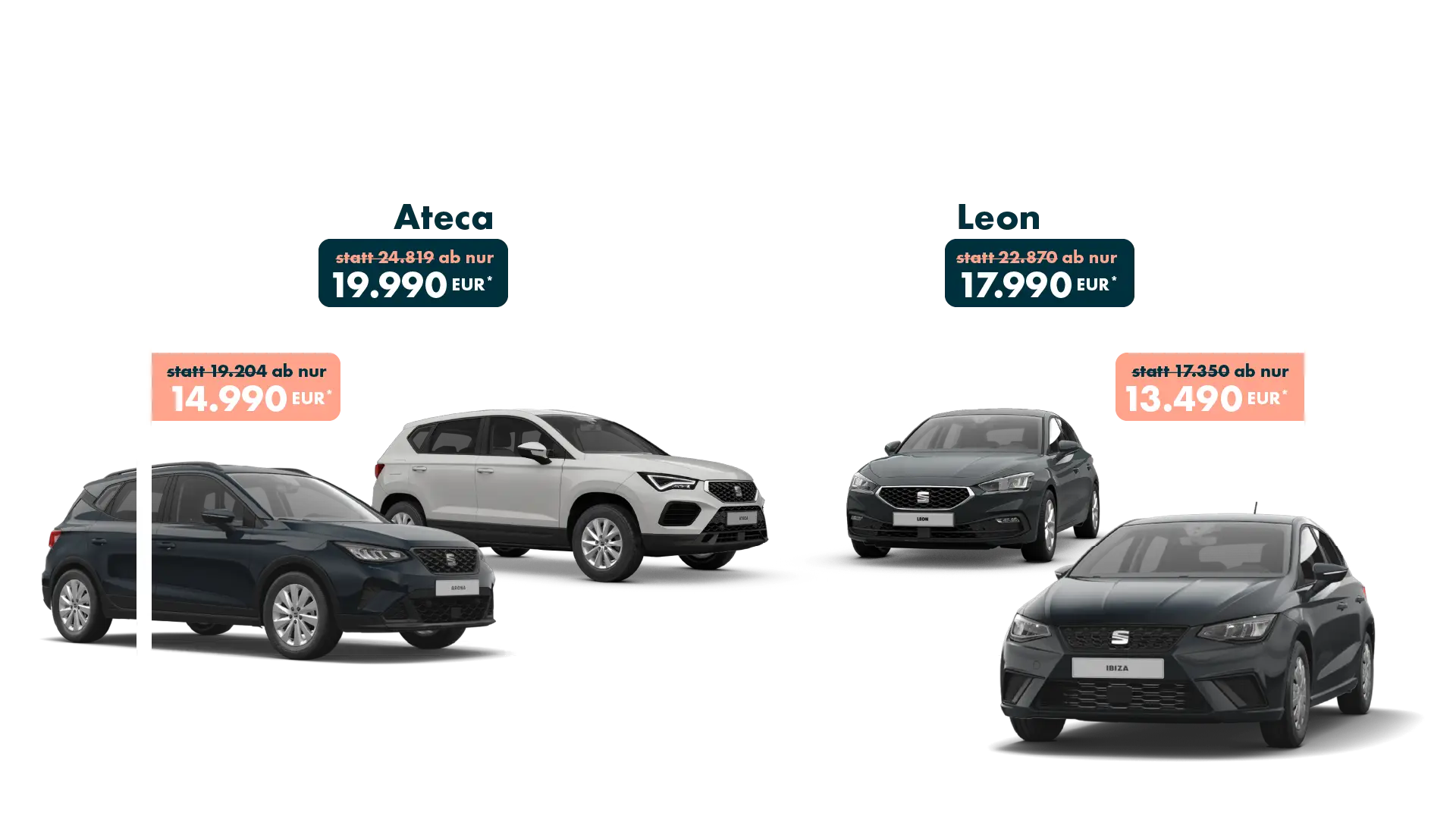 Seat Leon, Ateca, Ibiza, Arona Frontansicht mit Preisaktion